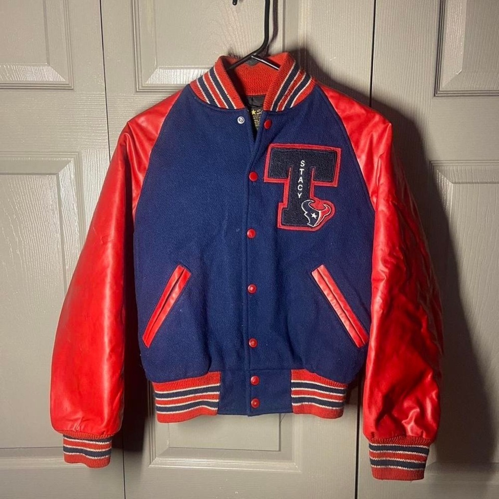 Vintage Houston Texans NFL Varsity Jacket Lone Star Wool Red Blue Size L